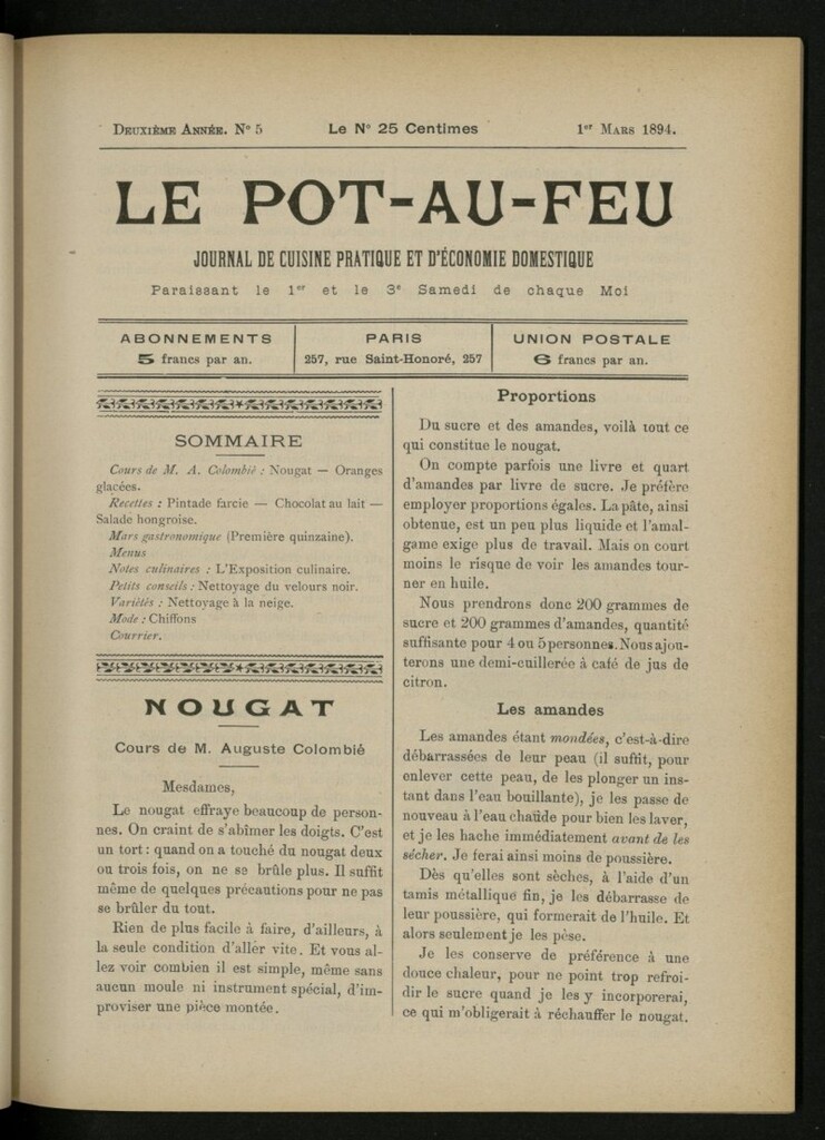Miniatura de Le Pot-au-Feu : journal de cuisine pratique et d´économie domestique del 1 de marzo de 1894, nº 5