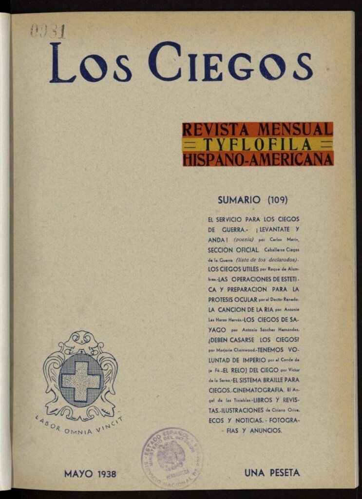 Miniatura de Los ciegos: revista mensual tyflofila hispano-americana de mayo de 1938, nº 109