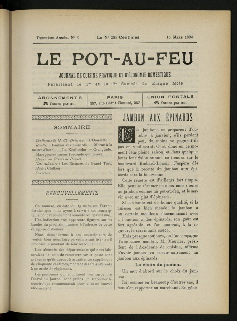 Miniatura de Le Pot-au-Feu : journal de cuisine pratique et d´économie domestique del 15 de marzo de 1894, nº 6