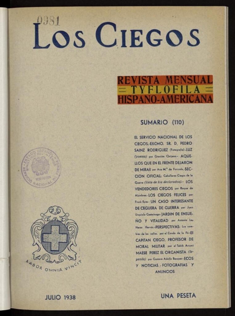 Miniatura de Los ciegos: revista mensual tyflofila hispano-americana de julio de 1938, nº 110