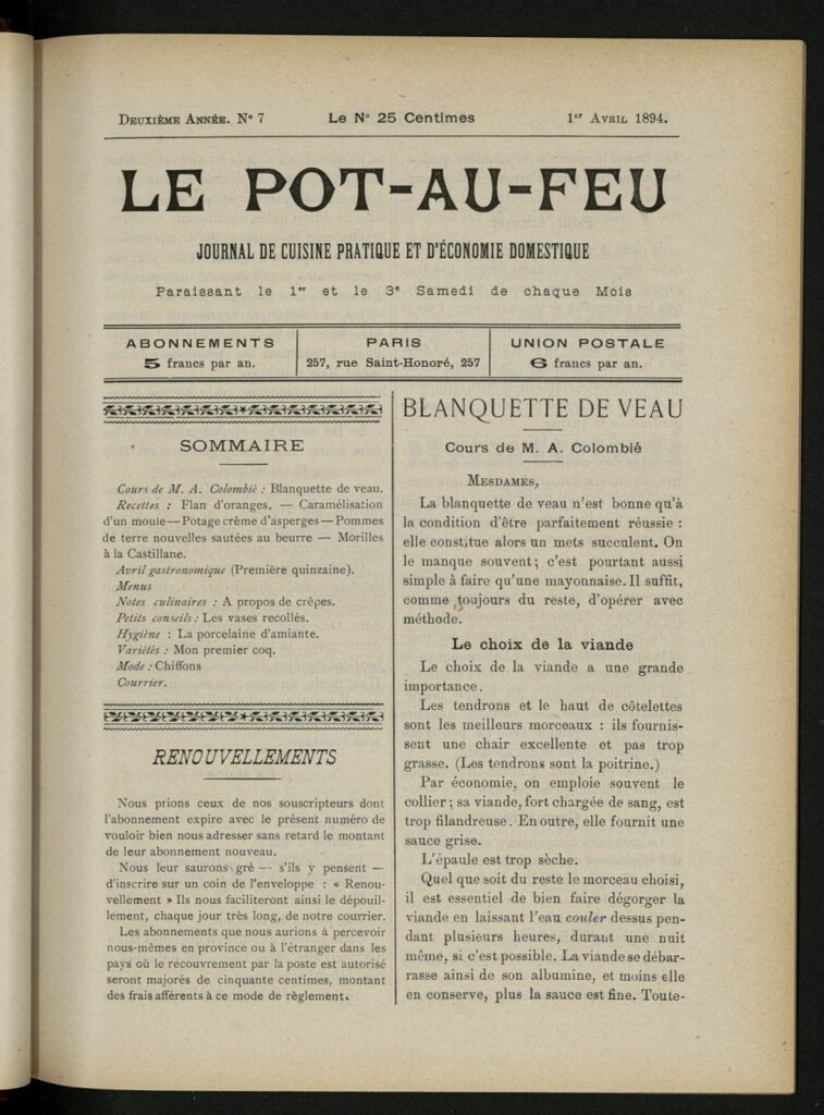 Miniatura de Le Pot-au-Feu : journal de cuisine pratique et d´économie domestique, del 1 de abril de 1894, nº 7