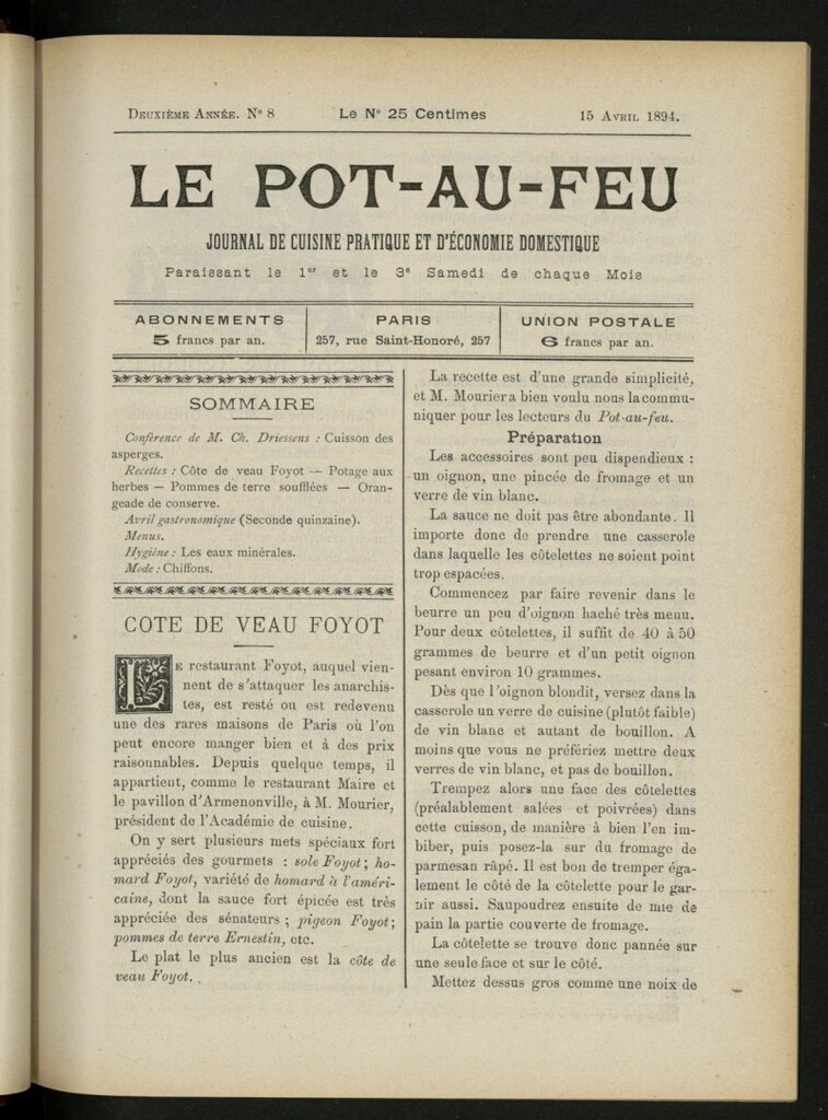 Miniatura de Le Pot-au-Feu : journal de cuisine pratique et d´économie domestique, del 15 de abril de 1894, nº 8