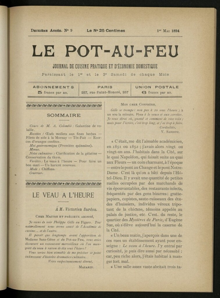 Miniatura de Le Pot-au-Feu : journal de cuisine pratique et d´économie domestique, del 1 de mayo de 1894, nº 9