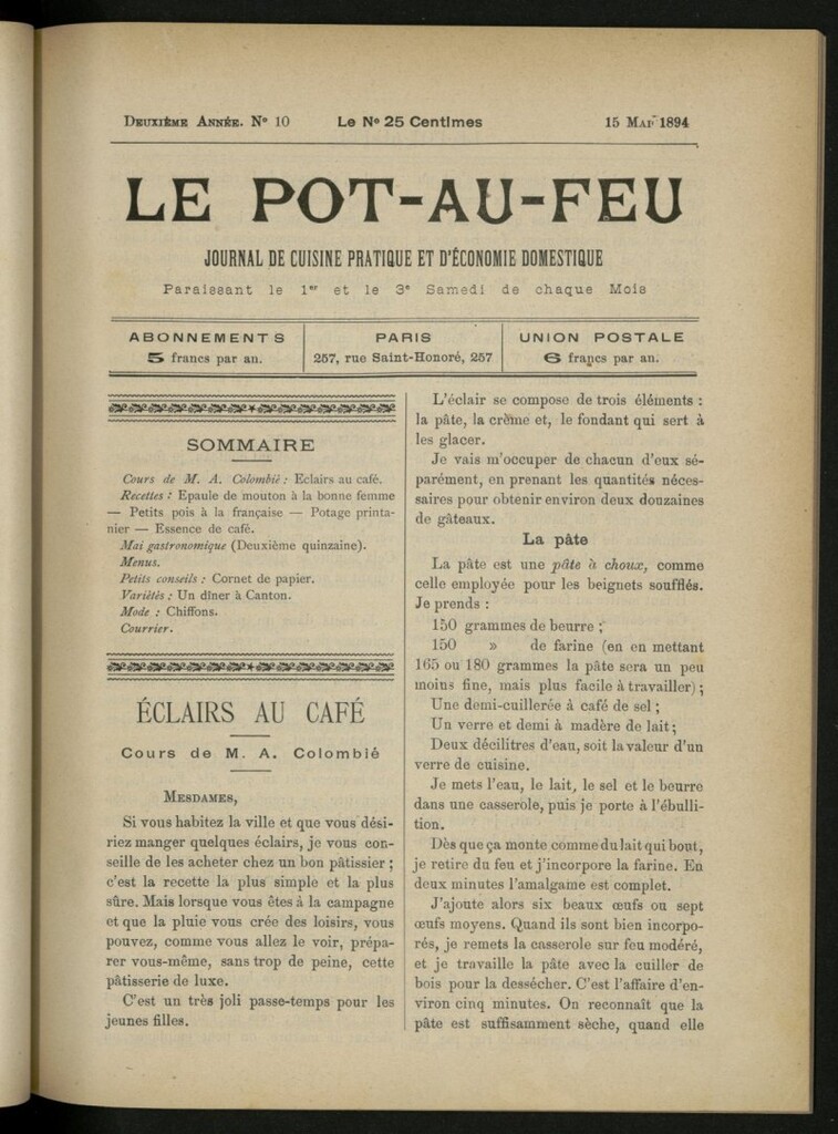Miniatura de Le Pot-au-Feu : journal de cuisine pratique et d´économie domestique, del 15 de mayo de 1894, nº 10