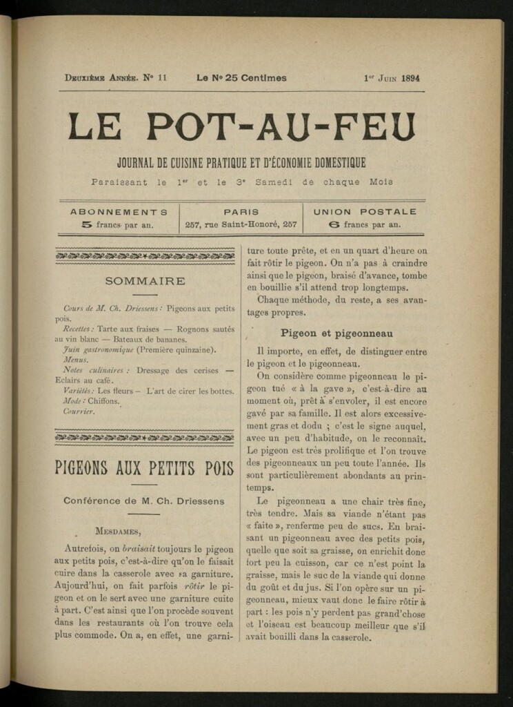 Miniatura de Le Pot-au-Feu : journal de cuisine pratique et d´économie domestique, del 1 de junio de 1894, nº 11