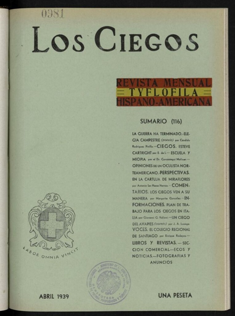Miniatura de Los ciegos: revista mensual tyflofila hispano-americana de abril de 1939, nº 116