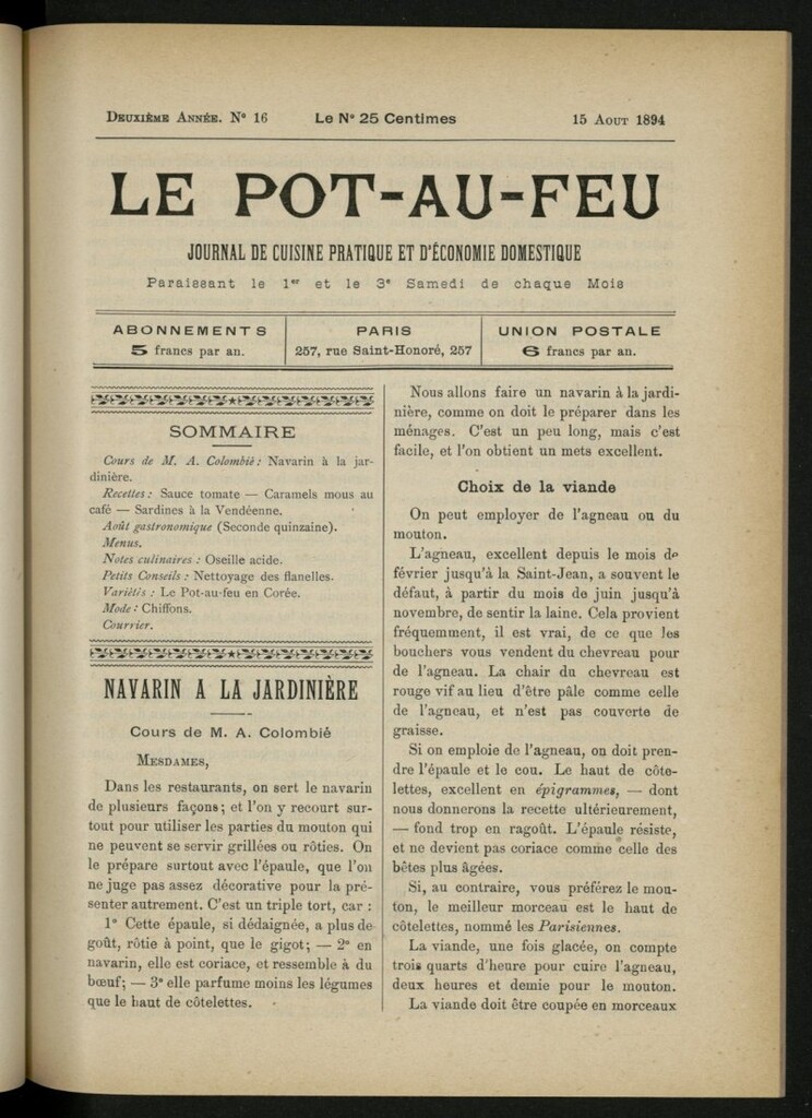 Miniatura de Le Pot-au-Feu : journal de cuisine pratique et d´économie domestique, del 15 de agosto de 1894, nº 16