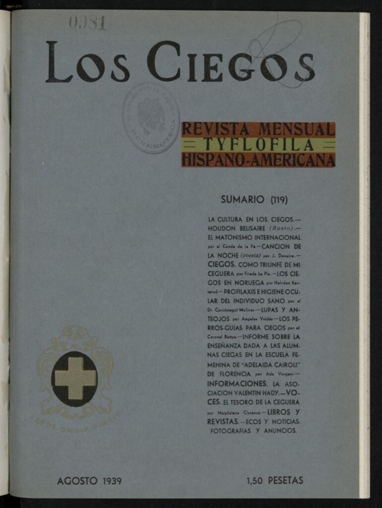 Miniatura de Los ciegos: revista mensual tyflofila hispano-americana de agosto de 1939, nº 119