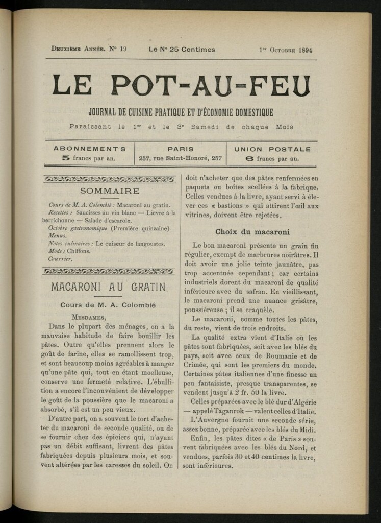 Miniatura de Le Pot-au-Feu : journal de cuisine pratique et d´économie domestique, del 1 de octubre de 1894, nº 19