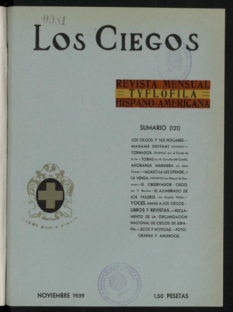 Miniatura de Los ciegos: revista mensual tyflofila hispano-americana de noviembre de 1939, nº 121