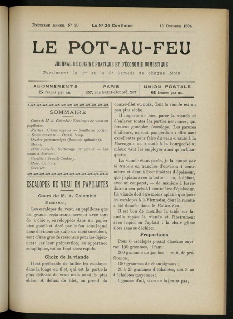Miniatura de Le Pot-au-Feu : journal de cuisine pratique et d´économie domestique, del 15 de octubre de 1894, nº 20