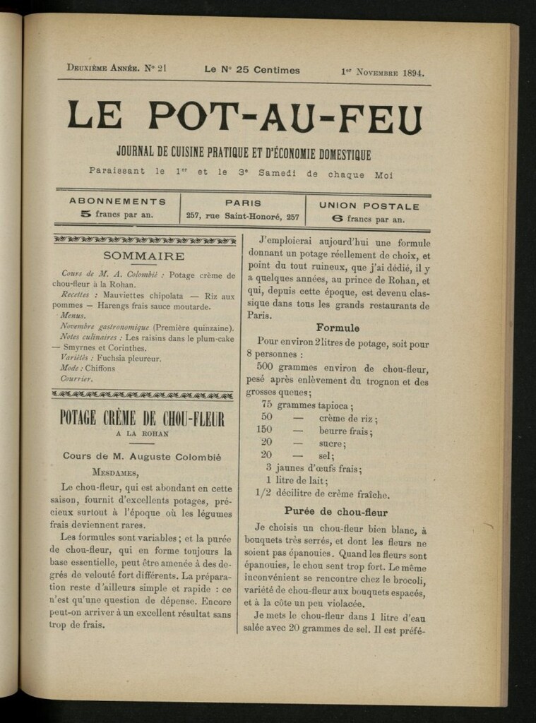 Miniatura de Le Pot-au-Feu : journal de cuisine pratique et d´économie domestique, del 1 de noviembre de 1894, nº 21