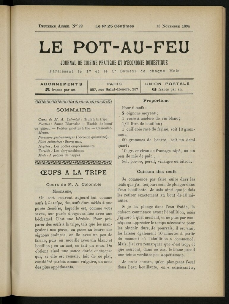 Miniatura de Le Pot-au-Feu : journal de cuisine pratique et d´économie domestique, del 15 de noviembre de 1894, nº 22