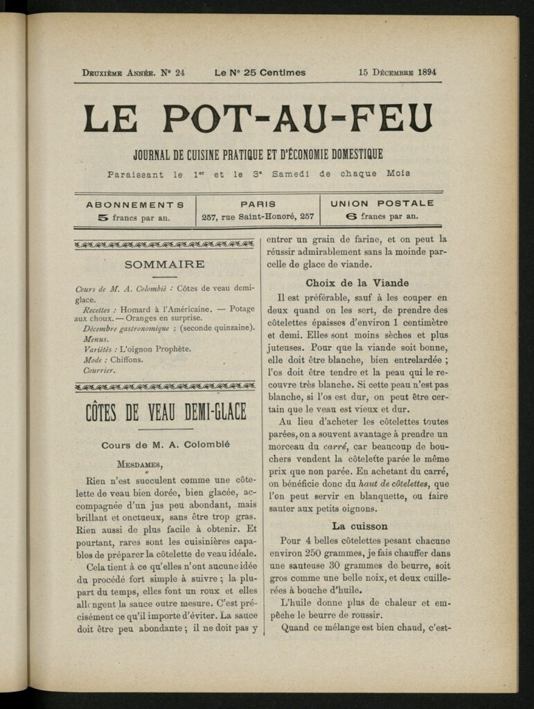 Miniatura de Le Pot-au-Feu : journal de cuisine pratique et d´économie domestique, del 15 de diciembre de 1894, nº 24
