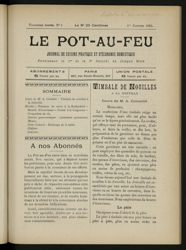Miniatura de Le Pot-au-Feu : journal de cuisine pratique et d´économie domestique, del 1 de enero de 1895, nº 1