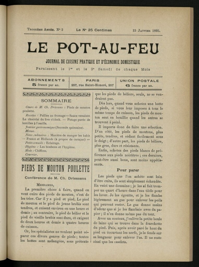 Miniatura de Le Pot-au-Feu : journal de cuisine pratique et d´économie domestique, del 15 de enero de 1895, nº 2