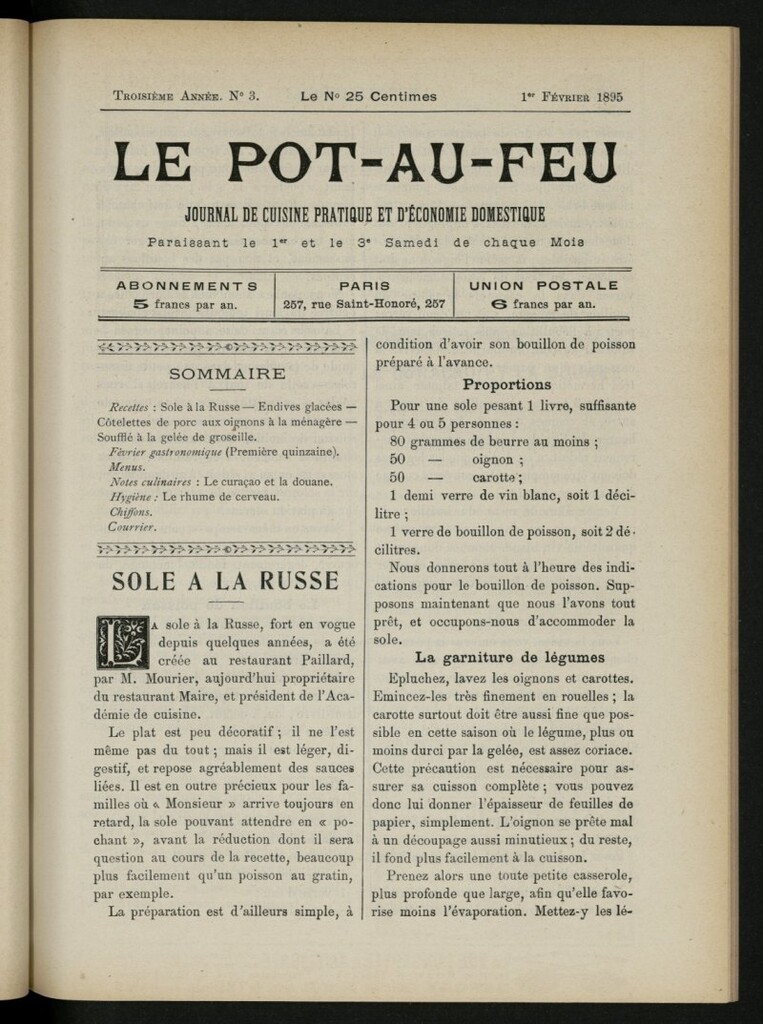 Miniatura de Le Pot-au-Feu : journal de cuisine pratique et d´économie domestique, del 1 de febrero de 1895, nº 3
