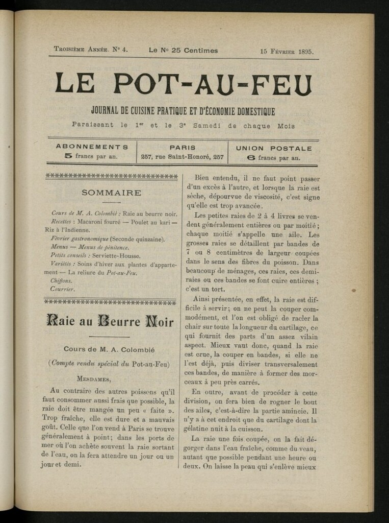 Miniatura de Le Pot-au-Feu : journal de cuisine pratique et d´économie domestique, del 15 de febrero de 1895, nº 4