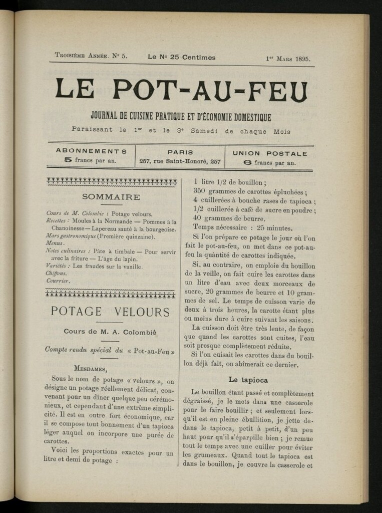 Miniatura de Le Pot-au-Feu : journal de cuisine pratique et d´économie domestique, del 1 de marzo de 1895, nº 5