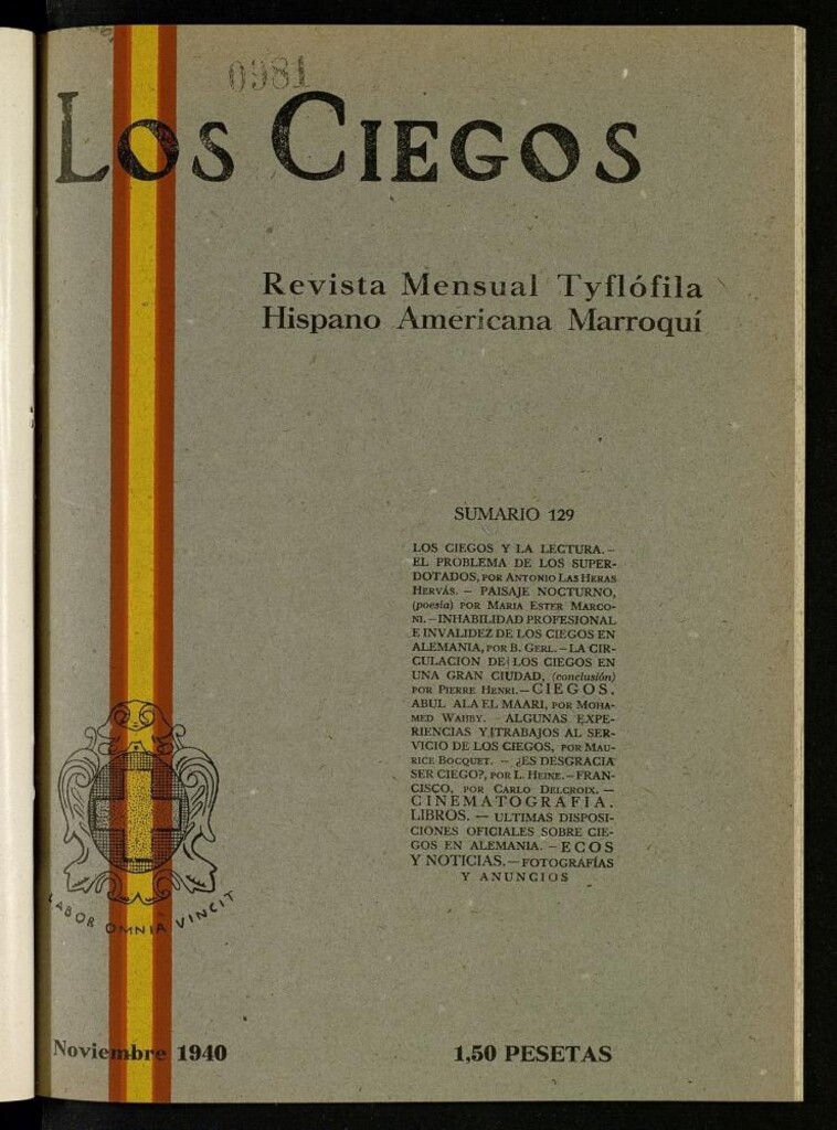 Miniatura de Los ciegos: revista mensual tyflofila hispano-americana de noviembre de 1940, nº 129