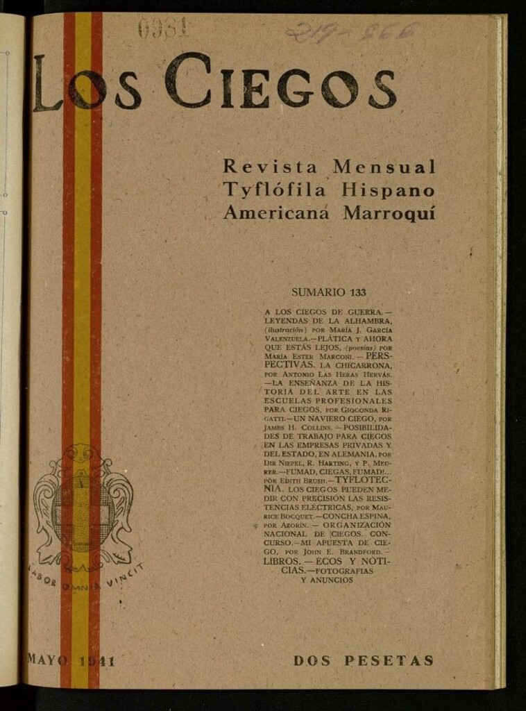 Miniatura de Los ciegos: revista mensual tyflofila hispano-americana de mayo de 1941, nº 133