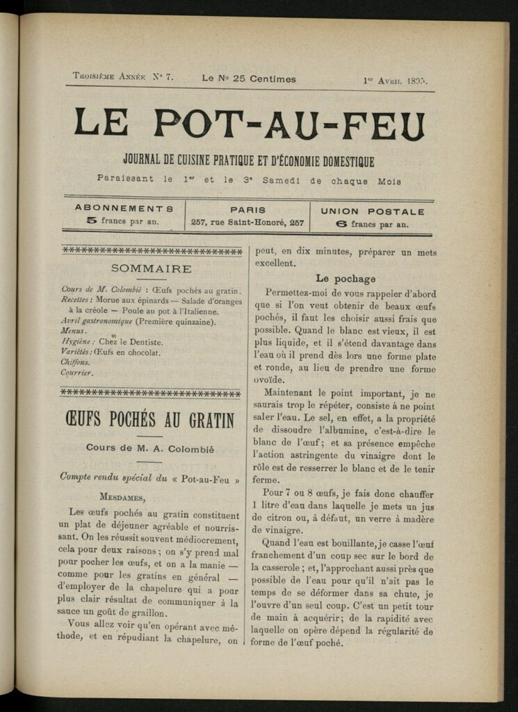 Miniatura de Le Pot-au-Feu : journal de cuisine pratique et d´économie domestique, del 1 de abril de 1895, nº 7