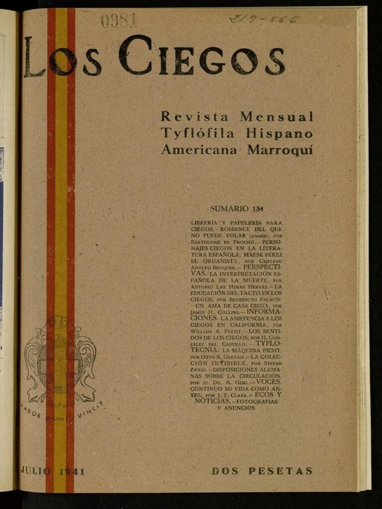 Miniatura de Los ciegos: revista mensual tyflofila hispano-americana de julio de 1941, nº 134