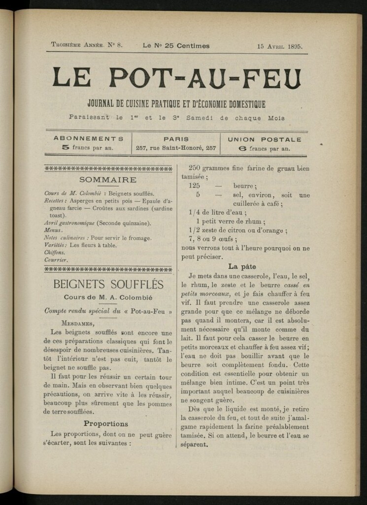 Miniatura de Le Pot-au-Feu : journal de cuisine pratique et d´économie domestique, del 15 de abril de 1895, nº 8