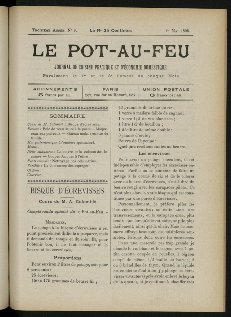 Miniatura de Le Pot-au-Feu : journal de cuisine pratique et d´économie domestique, del 1 de mayo de 1895, nº 9