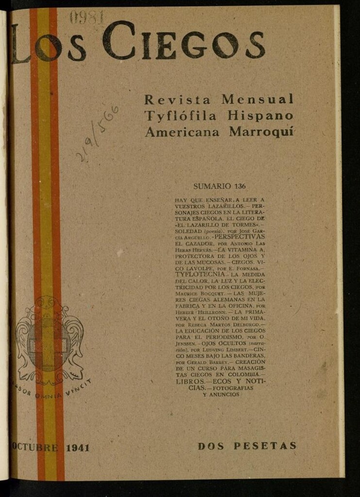 Miniatura de Los ciegos: revista mensual tyflofila hispano-americana de octubre de 1941, nº 136