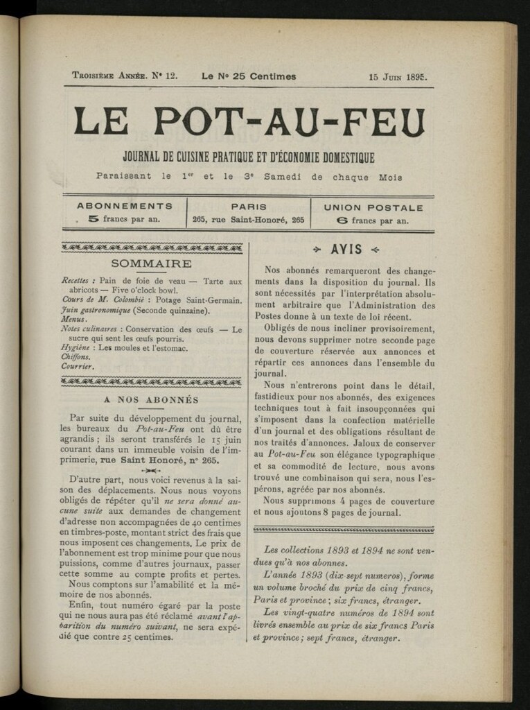 Miniatura de Le Pot-au-Feu : journal de cuisine pratique et d´économie domestique, del 15 de junio de 1895, nº 12