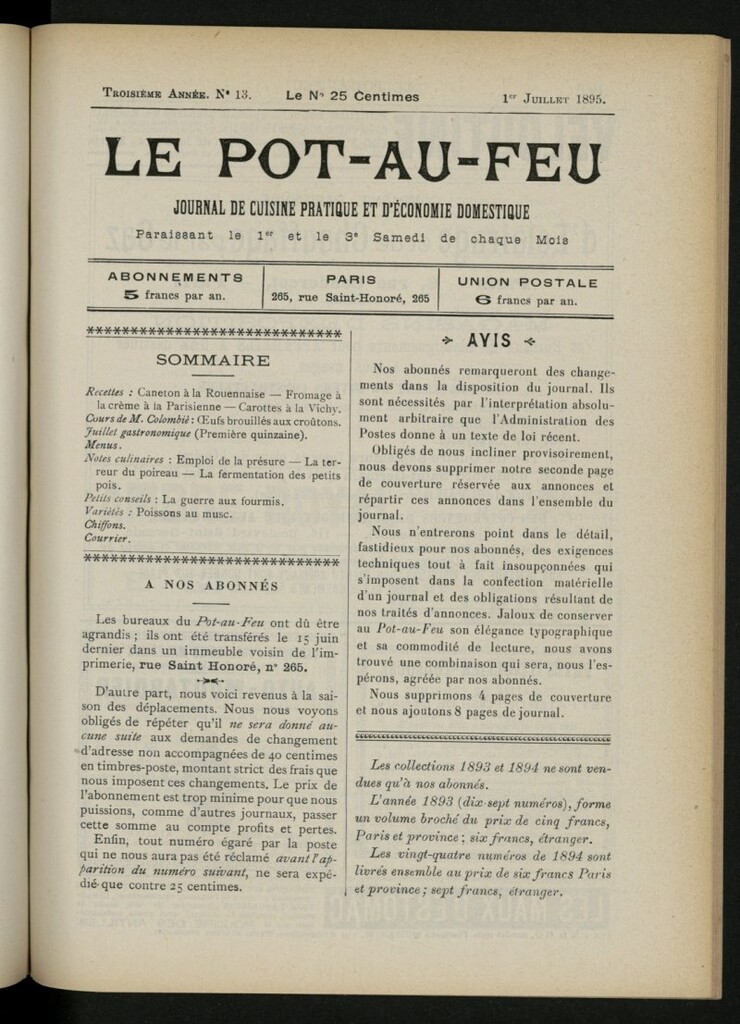 Miniatura de Le Pot-au-Feu : journal de cuisine pratique et d´économie domestique, del 1 de julio de 1895, nº 13