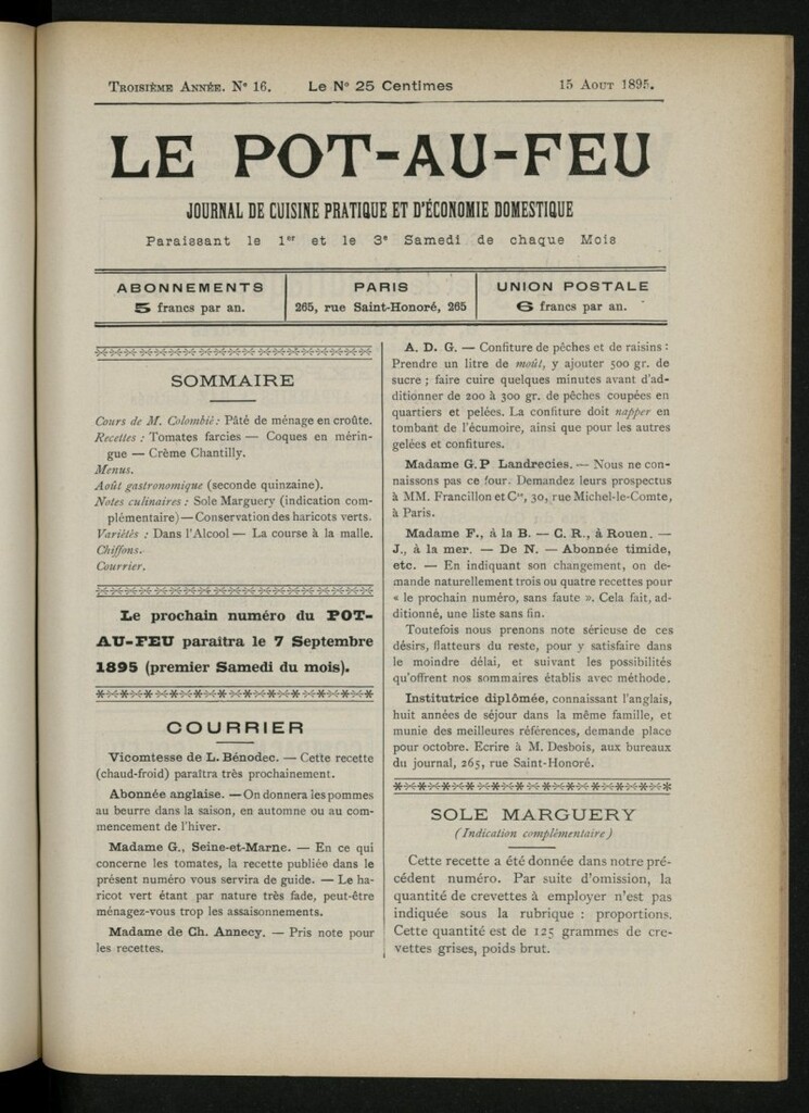Miniatura de Le Pot-au-Feu : journal de cuisine pratique et d´économie domestique, del 15 de agosto de 1895, nº 16