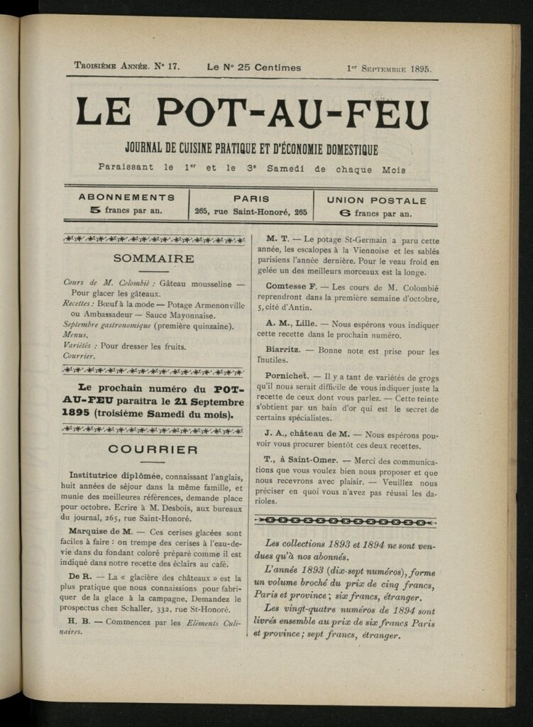 Miniatura de Le Pot-au-Feu : journal de cuisine pratique et d´économie domestique, del 1 de septiembre de 1895, nº 17
