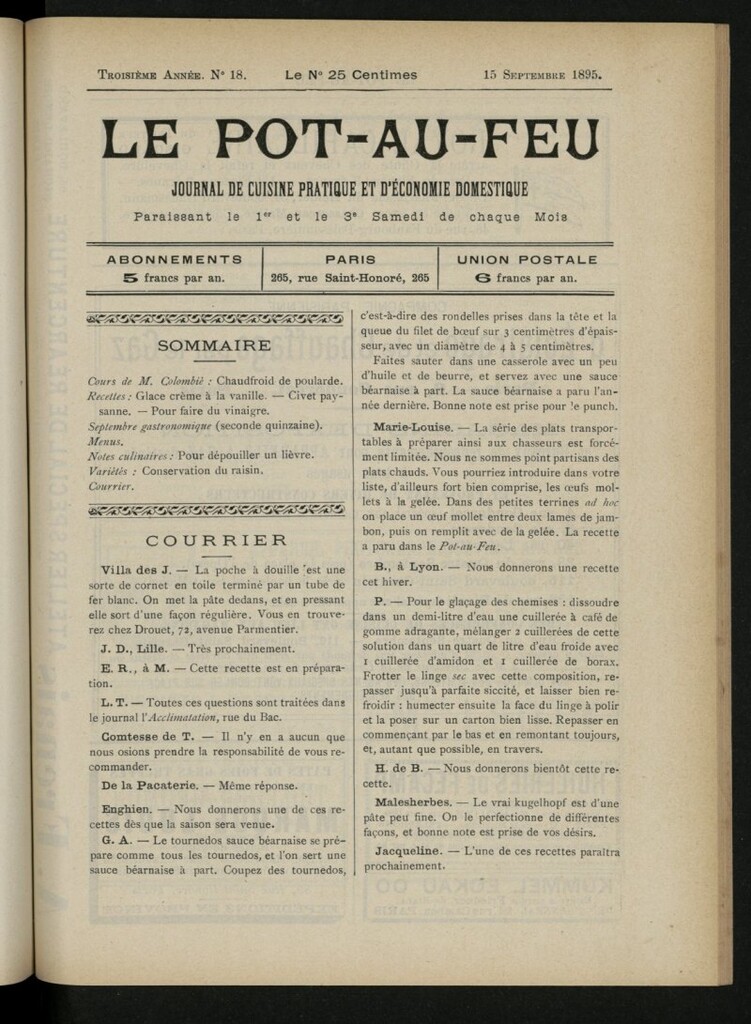 Miniatura de Le Pot-au-Feu : journal de cuisine pratique et d´économie domestique, del 15 de septiembre de 1895, nº 18