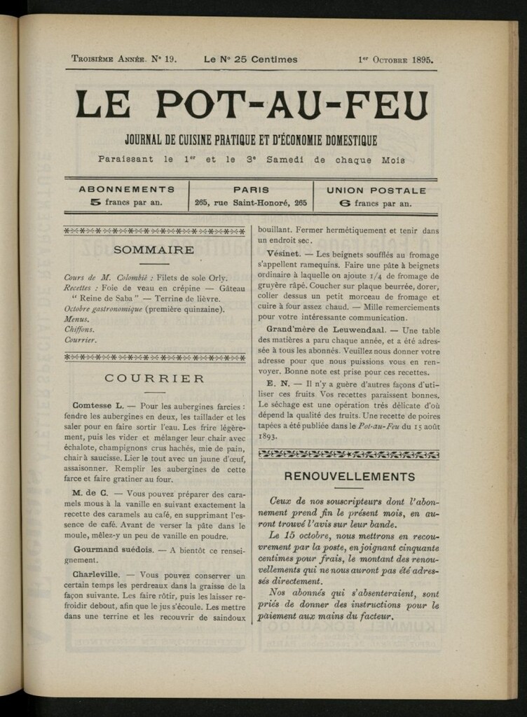 Miniatura de Le Pot-au-Feu : journal de cuisine pratique et d´économie domestique, del 1 de octubre de 1895, nº 19