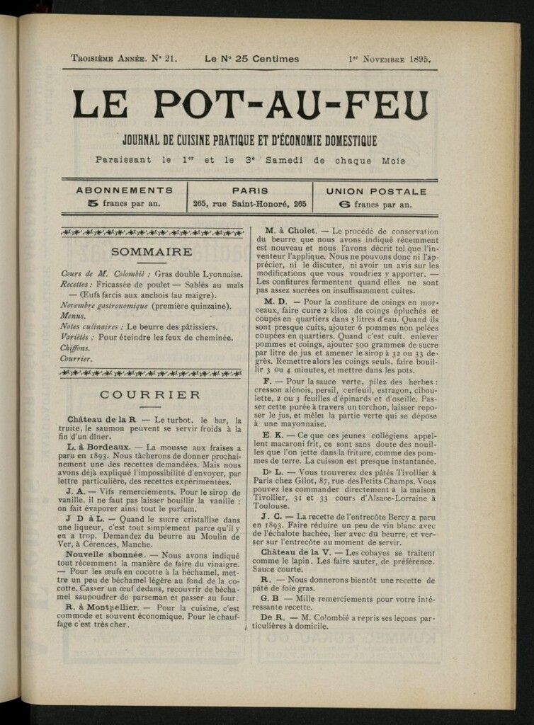 Miniatura de Le Pot-au-Feu : journal de cuisine pratique et d´économie domestique, del 1 de noviembre de 1895, nº 21