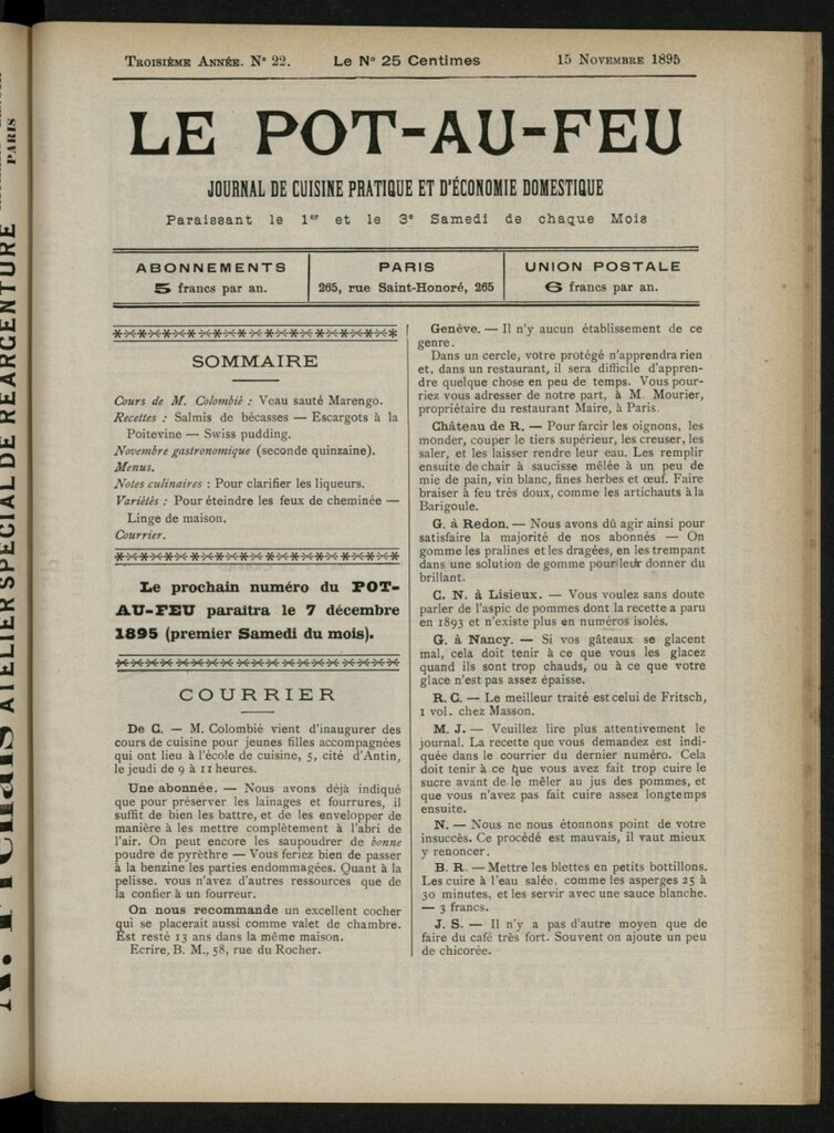 Miniatura de Le Pot-au-Feu : journal de cuisine pratique et d´économie domestique, del 15 de noviembre de 1895, nº 22