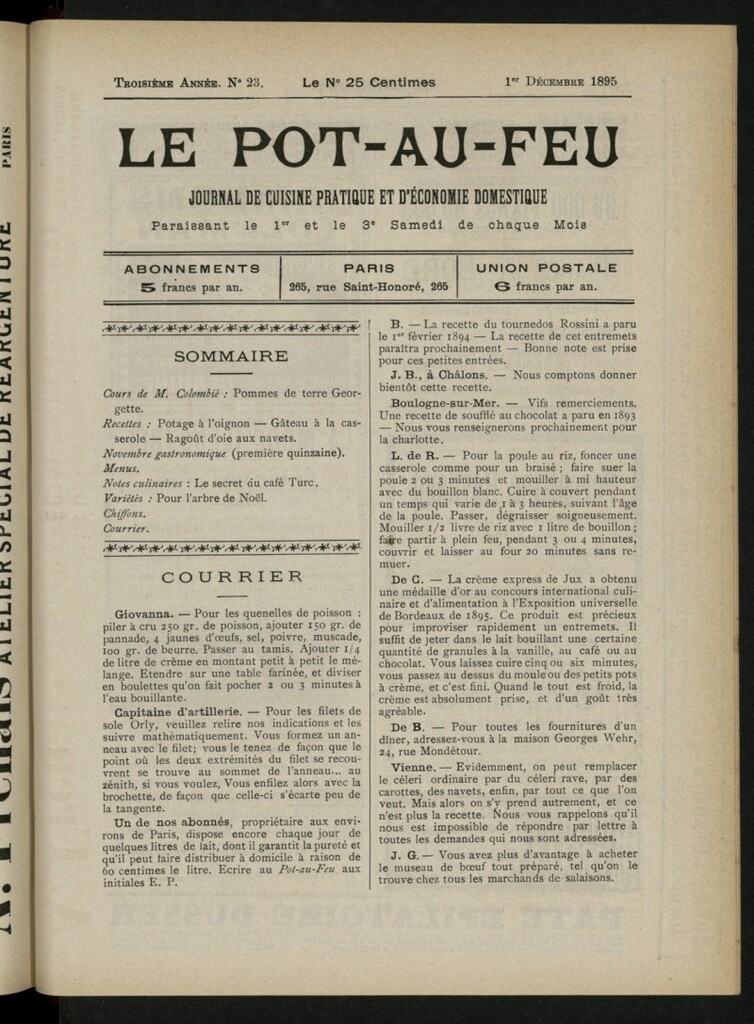 Miniatura de Le Pot-au-Feu : journal de cuisine pratique et d´économie domestique, del 1 de diciembre de 1895, nº 23