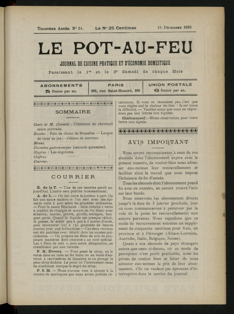 Miniatura de Le Pot-au-Feu : journal de cuisine pratique et d´économie domestique, del 15 de diciembre de 1895, nº 24