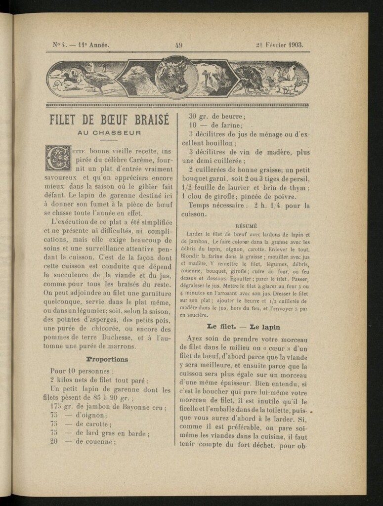 Miniatura de Le Pot-au-Feu : journal de cuisine pratique et d´économie domestique, del 21 de febrero de 1903, nº 4