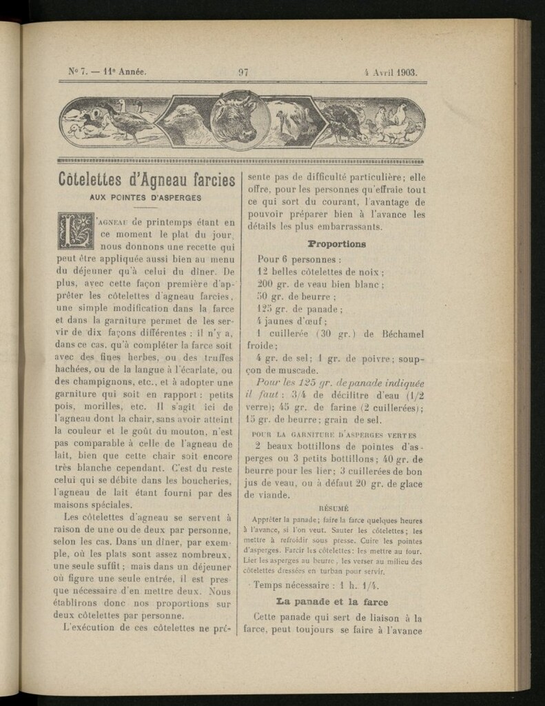 Miniatura de Le Pot-au-Feu : journal de cuisine pratique et d´économie domestique, del 4 de abril de 1903, nº 7
