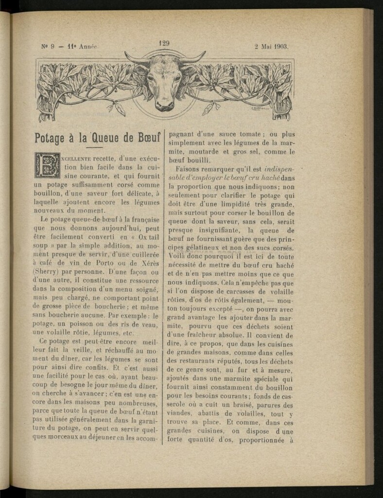 Miniatura de Le Pot-au-Feu : journal de cuisine pratique et d´économie domestique, del 2 de mayo de 1903, nº 9