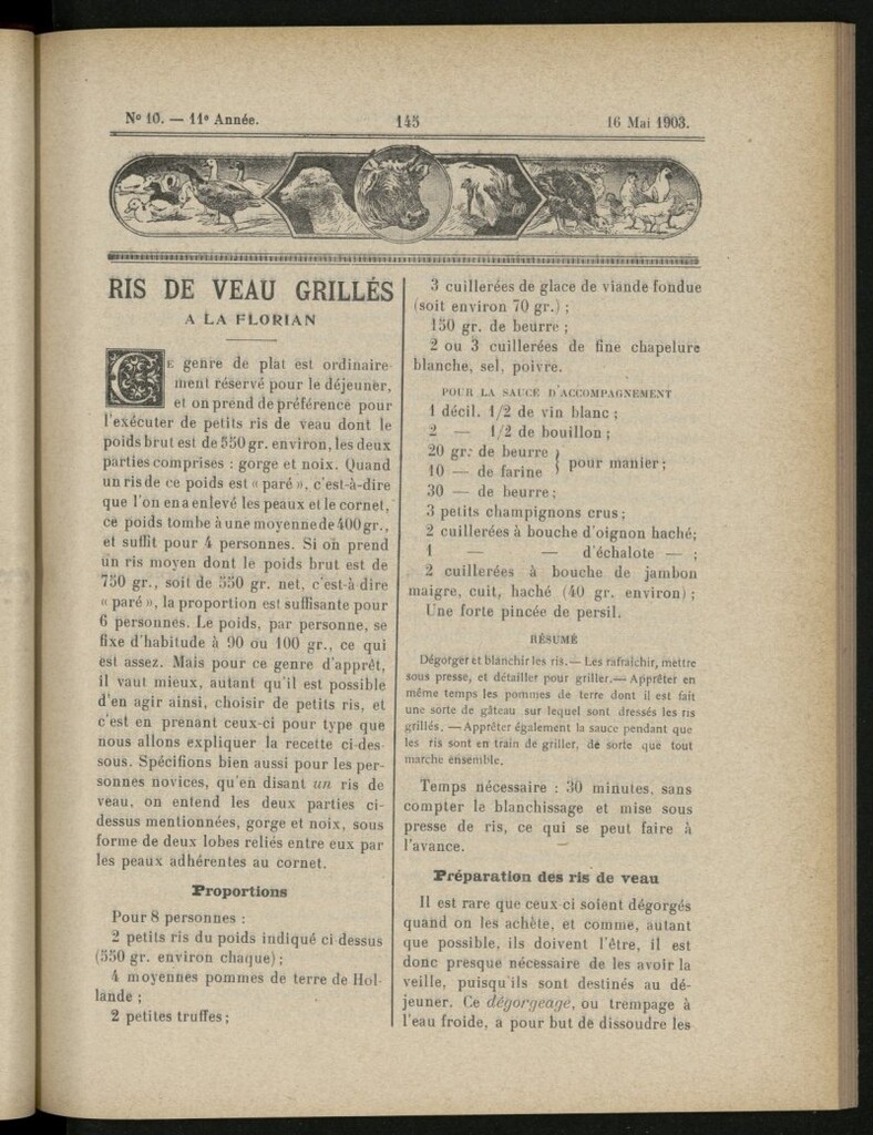 Miniatura de Le Pot-au-Feu : journal de cuisine pratique et d´économie domestique, del 16 de mayo de 1903, nº 10