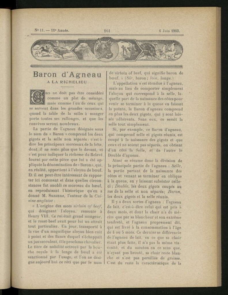 Miniatura de Le Pot-au-Feu : journal de cuisine pratique et d´économie domestique, del 6 de junio de 1903, nº 11