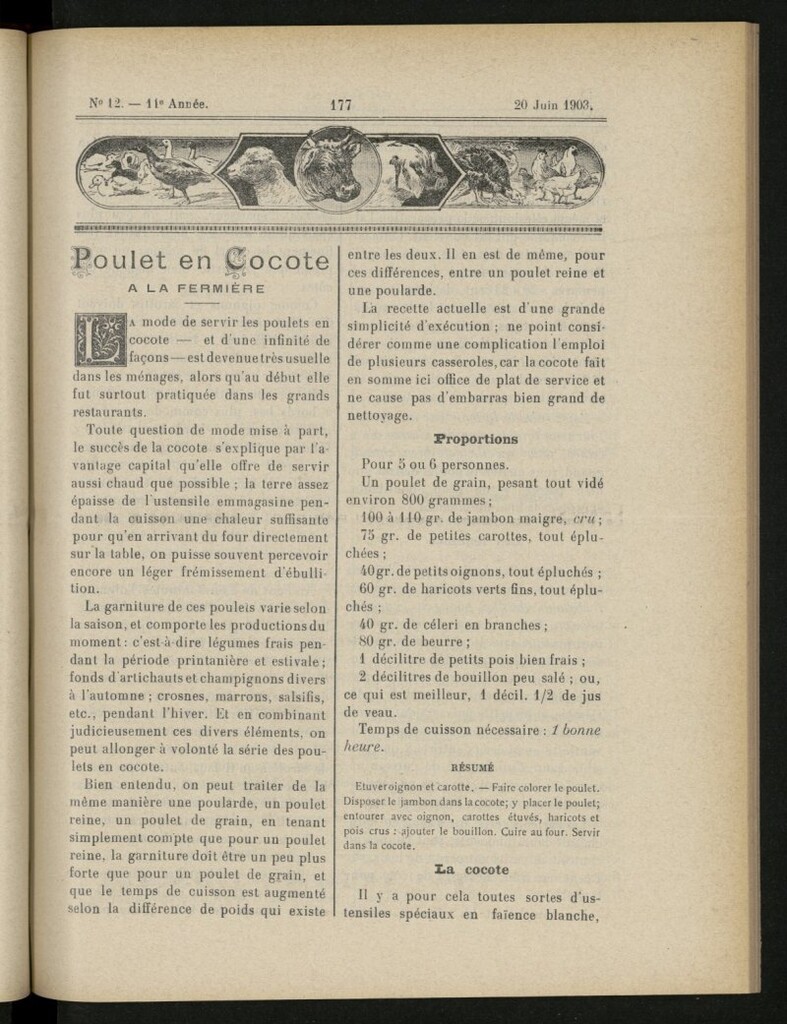 Miniatura de Le Pot-au-Feu : journal de cuisine pratique et d´économie domestique, del 20 de junio de 1903, nº 12