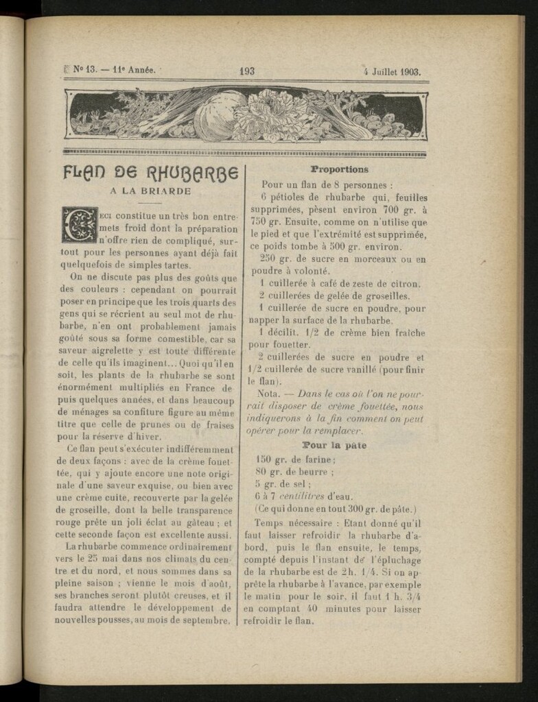 Miniatura de Le Pot-au-Feu : journal de cuisine pratique et d´économie domestique, del 4 de julio de 1903, nº 13