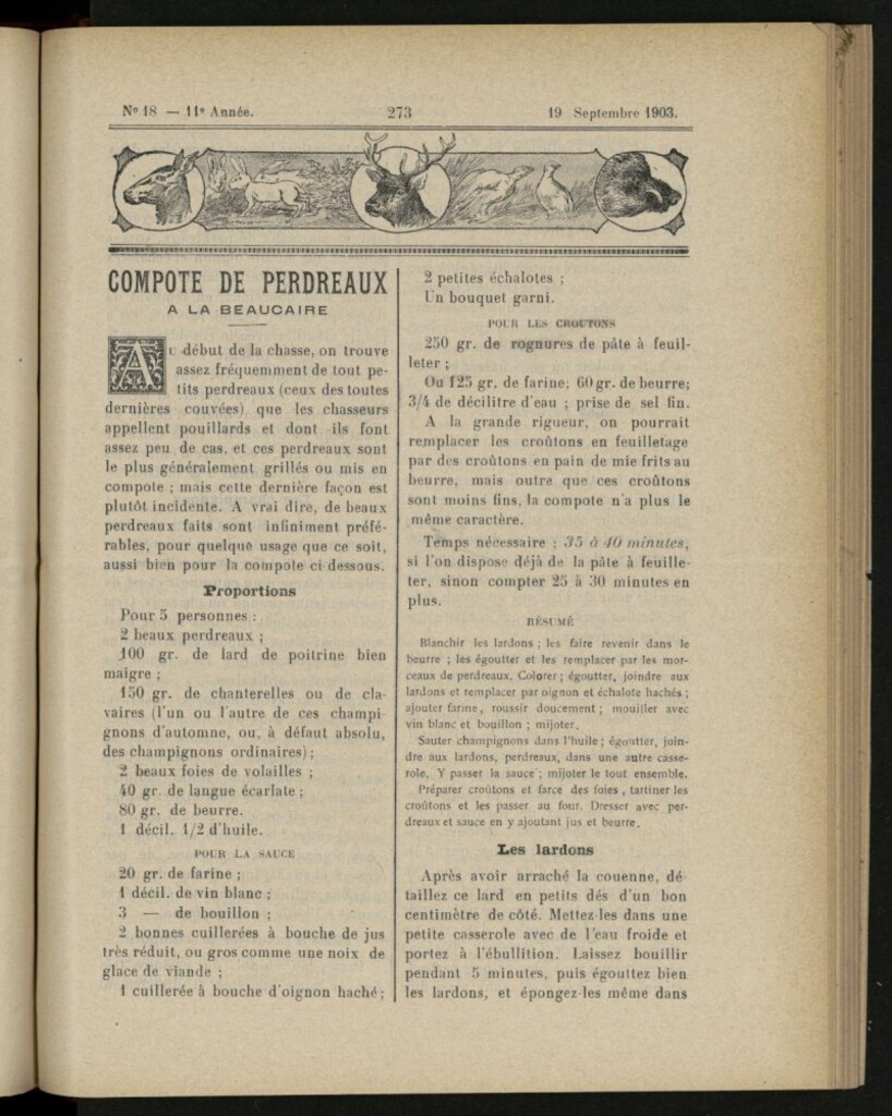 Miniatura de Le Pot-au-Feu : journal de cuisine pratique et d´économie domestique, del 19 de septiembre de 1903, nº 18