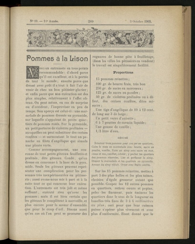 Miniatura de Le Pot-au-Feu : journal de cuisine pratique et d´économie domestique, del 3 de octubre de 1903, nº 19