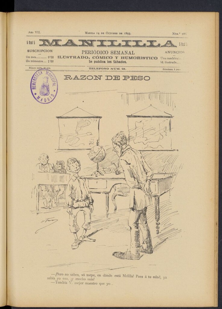 Miniatura de Manililla : periódico semanal ilustrado, cómico y humorístico del 14 de octubre de 1893, nº 286